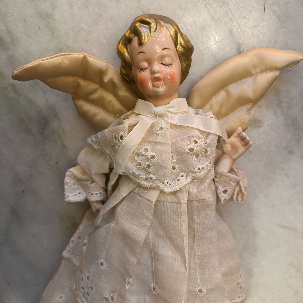 Vintage angel tree topper ceramic face hand painted lace dress